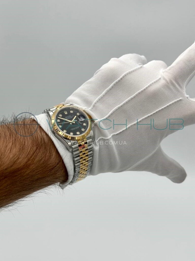 godinnyk rolex datejust 36 mm jubilee yellow combined fluted bezel black dial diamonds ref.m126233 0021 4 watchhub