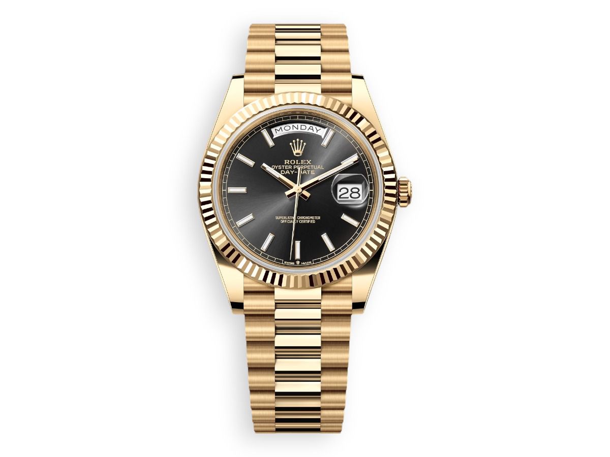 rolex day date rolex yellow gold 40 fluted dark grey watchhub