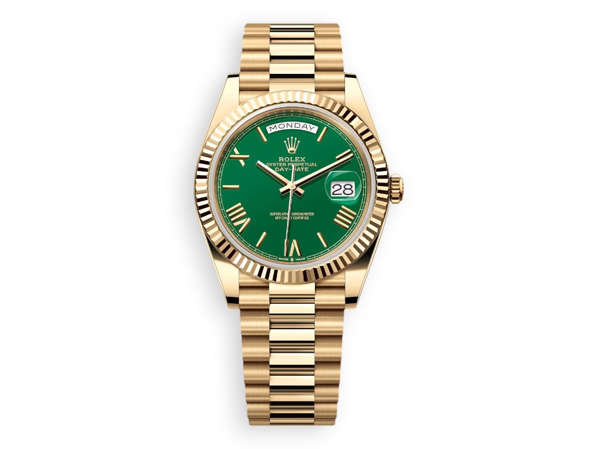 rolex day date rolex yellow gold 40 fluted green watchhub