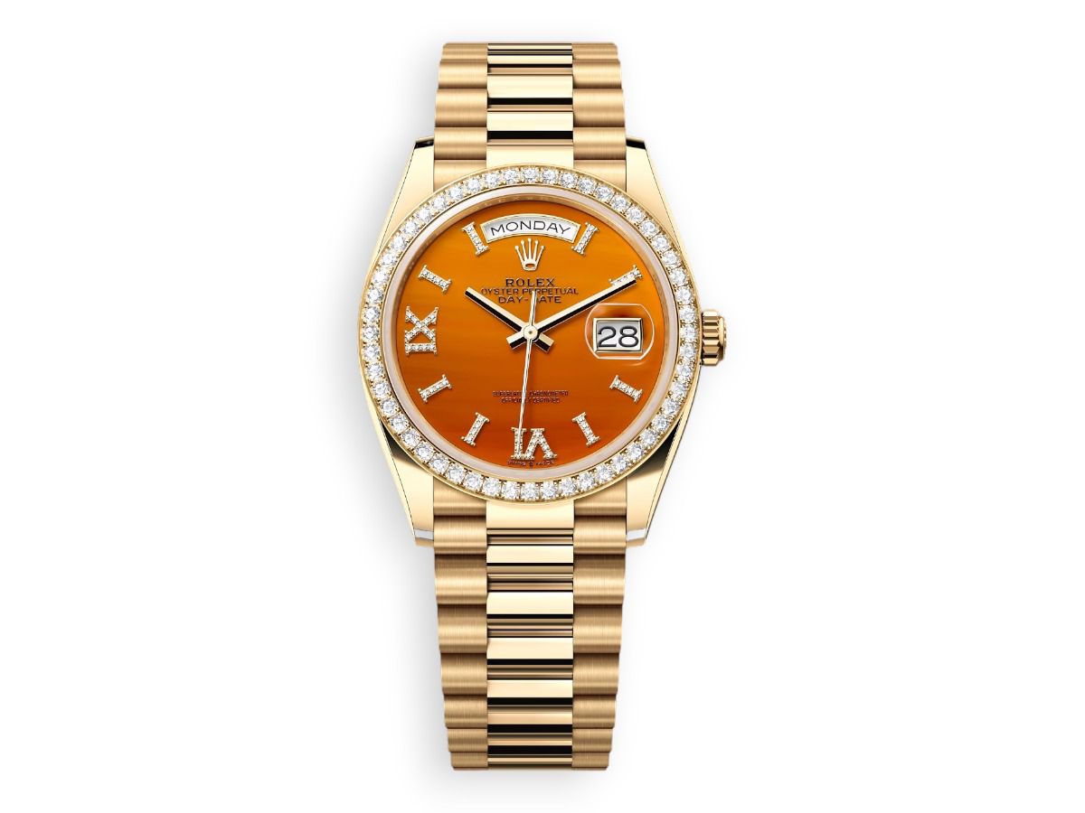Rolex Day-Date Yellow Gold 36 mm diamonds president orange watchhub