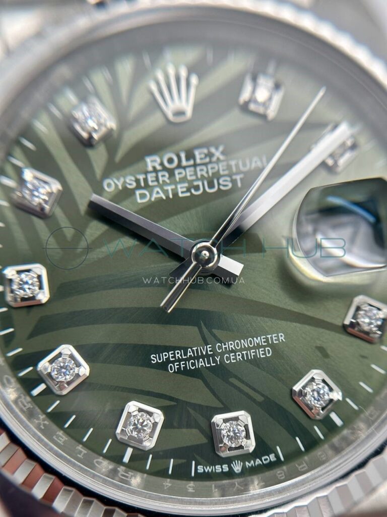kupit elitnij godinnyk rolex datejust 36 mm jubilee olive green palm motif diamonds ref.m126234 0055 13 watchhub